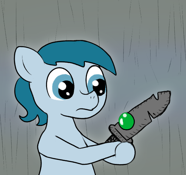 Size: 640x600 | Tagged: safe, artist:ficficponyfic, color edit, derpibooru import, edit, editor:minus, oc, oc:larimar, unofficial characters only, earth pony, pony, colt quest, colored, colt, foal, gem, image, male, png, solo, surprised, sword, weapon