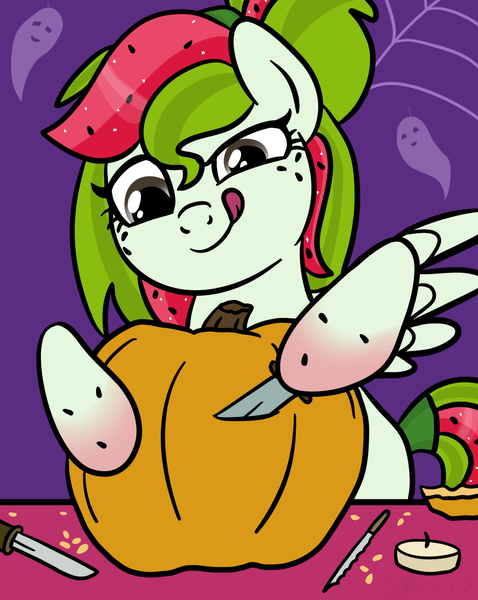 Size: 1536x1928 | Tagged: safe, artist:sjart117, derpibooru import, oc, oc:watermelana, unofficial characters only, ghost, pegasus, pony, undead, candle, carving, female, freckles, gradient hooves, halloween, holiday, image, knife, mare, png, pumpkin, pumpkin carving, solo, spider web, table, tongue out