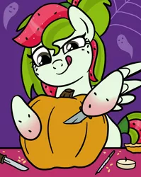 Size: 1536x1928 | Tagged: safe, artist:sjart117, derpibooru import, oc, oc:watermelana, unofficial characters only, ghost, pegasus, pony, undead, candle, carving, female, freckles, gradient hooves, halloween, holiday, image, knife, mare, png, pumpkin, pumpkin carving, solo, spider web, table, tongue out