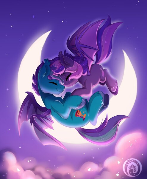 Size: 2399x2915 | Tagged: safe, artist:colorfulcolor233, derpibooru import, oc, oc:midnight mist, oc:sugar spirits, unofficial characters only, bat pony, pony, bat pony oc, bat wings, crescent moon, duo, eyes closed, image, jpeg, moon, night, transparent moon, wings