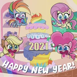 Size: 1080x1080 | Tagged: safe, derpibooru import, official, applejack, fluttershy, pinkie pie, rainbow dash, earth pony, pegasus, pony, my little pony: pony life, cake, food, happy new year, happy new year 2021, holiday, image, instagram, jpeg, open mouth, silly, silly pony, tongue out, who's a silly pony