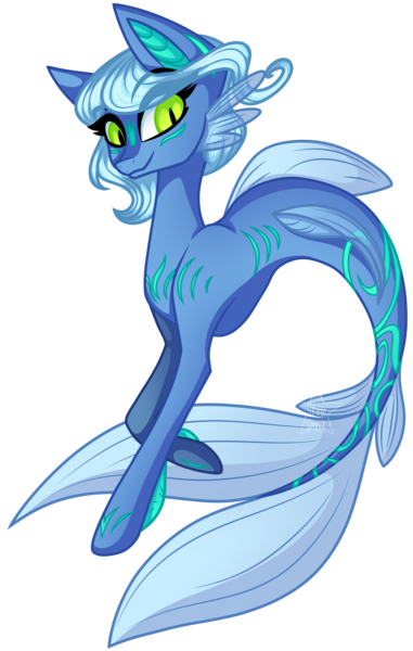 Size: 2318x3647 | Tagged: safe, artist:inkstardust, derpibooru import, oc, unofficial characters only, seapony (g4), clothes, dorsal fin, eyelashes, fins, fish tail, flowing mane, flowing tail, green eyes, image, logo, looking at you, png, see-through, simple background, smiling, solo, tail, transparent background