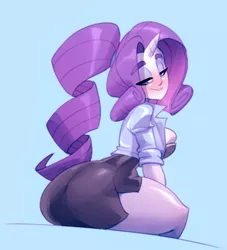 Size: 1019x1123 | Tagged: suggestive, artist:bigdad, derpibooru import, rarity, human, ass, blue background, blushing, breasts, busty rarity, butt, female, horn, horned humanization, humanized, image, jpeg, lidded eyes, looking at you, looking back, looking back at you, ponytail, rearity, simple background, solo, solo female, thick, thighs