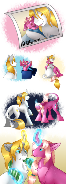 Size: 1800x5000 | Tagged: safe, artist:nobleclay, derpibooru import, prince blueblood, oc, oc:cupid, classical unicorn, pony, unicorn, baby, baby pony, clothes, cloven hooves, colt, father and child, father and son, image, leonine tail, magic, magical gay spawn, male, offspring, parent:big macintosh, parent:prince blueblood, parents:bluemac, png, scarf, unshorn fetlocks