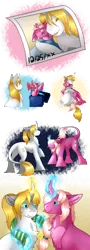 Size: 1800x5000 | Tagged: safe, artist:nobleclay, derpibooru import, prince blueblood, oc, oc:cupid, classical unicorn, pony, unicorn, baby, baby pony, clothes, cloven hooves, colt, father and child, father and son, image, leonine tail, magic, magical gay spawn, male, offspring, parent:big macintosh, parent:prince blueblood, parents:bluemac, png, scarf, unshorn fetlocks