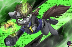 Size: 3290x2160 | Tagged: safe, artist:brainiac, derpibooru import, oc, oc:littlepip, pony, unicorn, fallout equestria, action pose, bottomless, chest fluff, clothes, derpibooru exclusive, dock, gun, image, looking at you, movement, partial nudity, png, practice, solo, underhoof, weapon