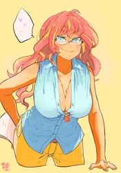 Size: 1400x2000 | Tagged: suggestive, artist:sozglitch, derpibooru import, sunset shimmer, equestria girls, big breasts, breasts, busty sunset shimmer, cleavage, clothes, downblouse, geode of empathy, glasses, image, jpeg, magical geodes, open clothes, open shirt, solo