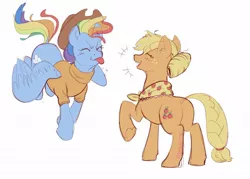 Size: 1280x914 | Tagged: safe, artist:equinoxette, derpibooru import, applejack, rainbow dash, earth pony, pegasus, pony, accessory theft, appledash, applejack's hat, butt, clothes, cowboy hat, female, granny smith's shawl, hat, image, jpeg, laughing, lesbian, mare, older, older applejack, older rainbow dash, plot, raspberry, shawl, shipping, simple background, sweater, tongue out, underhoof, white background