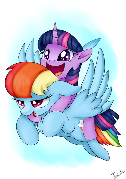 Size: 2480x3507 | Tagged: safe, artist:twidasher, derpibooru import, rainbow dash, twilight sparkle, pegasus, pony, unicorn, duo, female, flying, gradient background, image, lesbian, mare, open mouth, png, ponies riding ponies, riding, shipping, signature, twidash, twilight riding rainbow dash, unicorn twilight