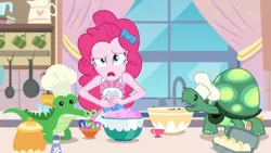 Size: 1366x768 | Tagged: safe, derpibooru import, screencap, gummy, pinkie pie, tank, alligator, reptile, tortoise, equestria girls, equestria girls series, the craft of cookies, spoiler:eqg series (season 2), apron, chef's hat, clothes, coffee cup, cup, female, frying pan, geode of sugar bombs, hat, headband, image, kitchen, looking at you, magical geodes, male, open mouth, plushie, png, sink, tanktop, tummy ache, window
