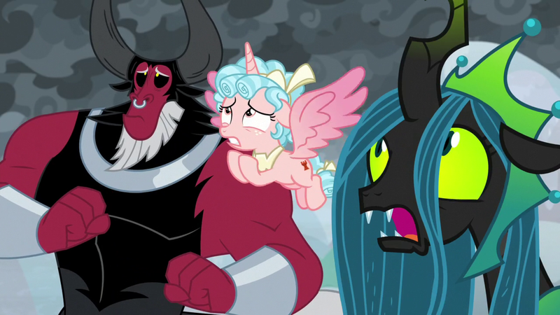 Size: 1920x1080 | Tagged: safe, derpibooru import, screencap, cozy glow, lord tirek, queen chrysalis, alicorn, centaur, changeling, changeling queen, pony, the ending of the end, alicornified, bow, cozycorn, female, image, nose piercing, nose ring, piercing, png, race swap, tail bow, ultimate chrysalis