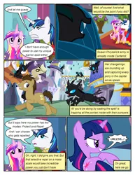 Size: 612x792 | Tagged: safe, artist:newbiespud, derpibooru import, edit, edited screencap, screencap, doctor whooves, princess cadance, queen chrysalis, shining armor, time turner, twilight sparkle, alicorn, changeling, changeling queen, pony, unicorn, comic:friendship is dragons, a canterlot wedding, building, clothes, comic, dialogue, eyes closed, fangs, female, grin, hoof shoes, horn, image, laughing, male, mare, messy mane, open mouth, outdoors, peytral, png, raised hoof, running, screencap comic, smiling, stallion, unicorn twilight, wings