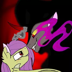 Size: 742x742 | Tagged: safe, artist:spotted2_paws, derpibooru import, fluttershy, king sombra, bat pony, pony, unicorn, bat ponified, blushing, female, flutterbat, grin, image, jpeg, looking at each other, male, mare, race swap, shipping, smiling, sombra eyes, sombrashy, stallion, straight