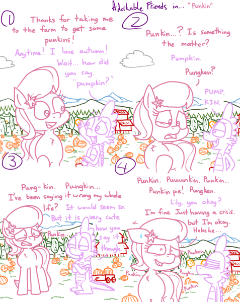 Size: 4779x6013 | Tagged: safe, artist:adorkabletwilightandfriends, derpibooru import, lily, lily valley, spike, dragon, earth pony, pony, comic:adorkable twilight and friends, adorable distress, adorkable, adorkable friends, cloud, comic, crisis, cute, date, dating, dork, farm, female, friendship, funny, grin, humor, image, lilybetes, love, male, mare, mountain, nature, nervous, nervous grin, nervous laugh, outdoors, png, pronunciation, pumpkin, pumpkin patch, relationship, relationships, scenery, self conscious, silly, slice of life, smiling, together, wagon