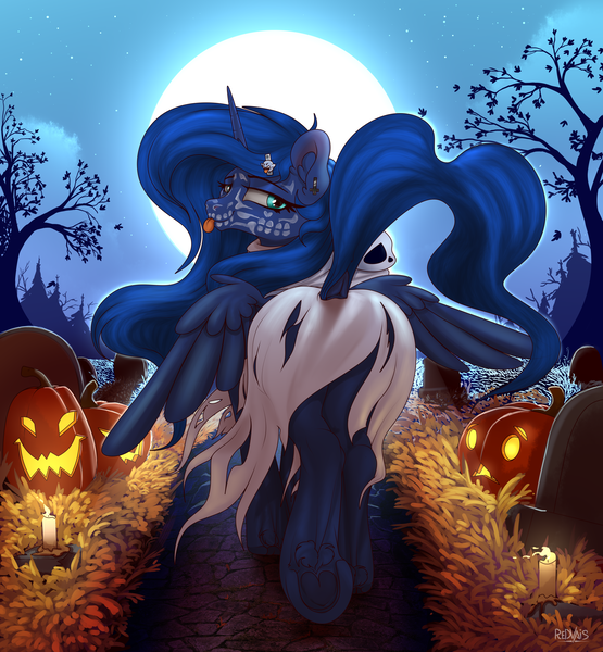 Size: 3700x4000 | Tagged: suggestive, artist:redvais, derpibooru import, princess luna, alicorn, ghost, pony, undead, bedroom eyes, boo (super mario), butt, candle, clothes, costume, dock, ear fluff, female, halloween, halloween costume, holiday, image, looking at you, looking back, looking back at you, mare, moon, moonbutt, png, pumpkin, solo, solo female, tongue out, wings