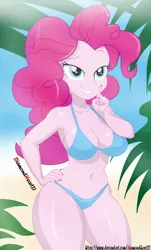 Size: 1700x2816 | Tagged: suggestive, artist:diamondheart21, derpibooru import, pinkie pie, equestria girls, beach, bedroom eyes, belly button, bikini, breasts, busty pinkie pie, clothes, female, image, jpeg, nail polish, nails, smiling, solo, stupid sexy pinkie, swimsuit