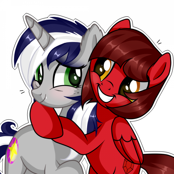 Size: 1920x1920 | Tagged: safe, artist:memories-ice, derpibooru import, oc, oc:cinnamon pop, oc:starlit nightcast, pegasus, pony, unicorn, freckles, green eyes, hug, image, png, simple background, smiling, snaggletooth, transparent background, yellow eyes