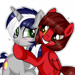 Size: 1920x1920 | Tagged: safe, artist:memories-ice, derpibooru import, oc, oc:cinnamon pop, oc:starlit nightcast, pegasus, pony, unicorn, freckles, green eyes, hug, image, png, simple background, smiling, snaggletooth, transparent background, yellow eyes