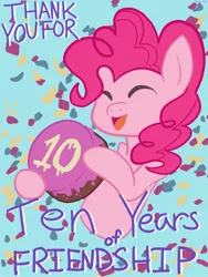 Size: 1536x2048 | Tagged: safe, artist:shiiiny, derpibooru import, pinkie pie, earth pony, pony, cake, confetti, eyes closed, female, food, happy birthday mlp:fim, image, jpeg, mare, mlp fim's tenth anniversary, open mouth, solo