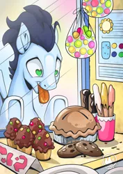 Size: 955x1351 | Tagged: safe, artist:mysticalpha, derpibooru import, soarin', pegasus, pony, bakery, candy, cookie, cupcake, eclair, food, heart eyes, image, jpeg, looking at something, male, open mouth, pie, solo, stallion, that pony sure does love pies, tongue out, want, wingding eyes
