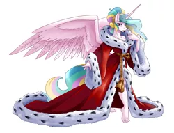 Size: 5700x4355 | Tagged: safe, artist:spiderweber, derpibooru import, princess celestia, alicorn, anthro, crystal pony, plantigrade anthro, absurd resolution, alternate hairstyle, barefoot, bathrobe, beautiful, beautisexy, bedroom eyes, breasts, busty princess celestia, cleavage, clothes, elegant, ermine, eyebrows visible through hair, eye clipping through hair, eyelashes, feet, fur trim, hair bun, horn, image, lips, lipstick, long horn, looking at you, mantle, pink eyes, pinklestia, png, pose, praise the sun, red lipstick, robe, sash, seductive, seductive look, sexy, solo, spread wings, stupid sexy celestia, sultry pose, wings