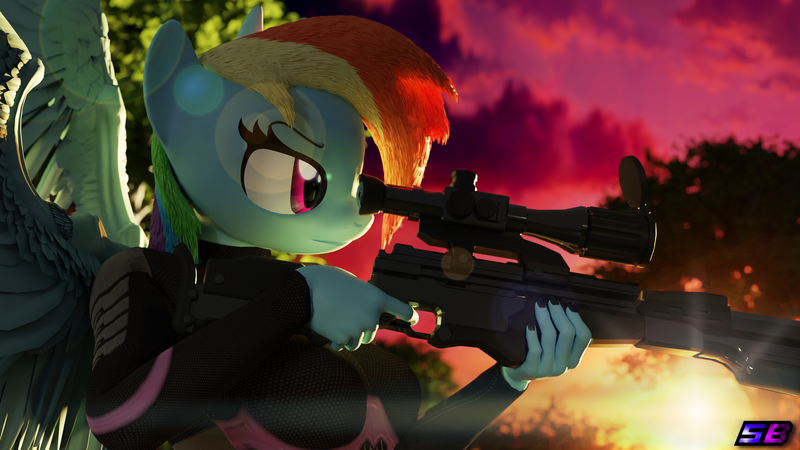 Size: 3840x2160 | Tagged: safe, artist:shadowboltsfm, derpibooru import, rainbow dash, anthro, pegasus, plantigrade anthro, 3d, 4k, badass, black nail polish, blender, bodysuit, breasts, clothes, eyelashes, gun, image, lens flare, nail polish, png, rifle, sniper rifle, sunset, weapon, wings