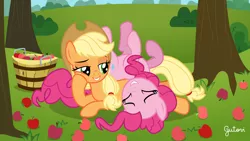 Size: 4268x2401 | Tagged: safe, artist:gutovi, derpibooru import, applejack, pinkie pie, apple, apple basket, applepie, apple tree, basket, female, food, hoof on cheek, image, laughing, lesbian, long description, lying down, on back, on floor, png, pony pile, shipping, smiling, sweet apple acres, tree