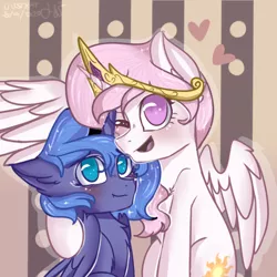 Size: 1024x1024 | Tagged: safe, artist:justkattyo, derpibooru import, princess celestia, princess luna, alicorn, pony, abstract background, chest fluff, crown, cute, cutelestia, female, filly, hoof around neck, image, jewelry, looking at you, lunabetes, no pupils, one eye closed, one wing out, pink-mane celestia, png, regalia, s1 luna, siblings, sisters, wings, wink, young celestia, young luna