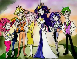 Size: 2645x2036 | Tagged: safe, artist:citi, derpibooru import, applejack, fluttershy, pinkie pie, rainbow dash, rarity, spike, twilight sparkle, alicorn, human, the last problem, alternate hairstyle, clothes, dress, female, hand on hip, height difference, humanized, human spike, image, jpeg, mane six, older, older applejack, older fluttershy, older pinkie pie, older rainbow dash, older rarity, older spike, older twilight, princess twilight 2.0, scene interpretation, traditional art, twilight sparkle (alicorn)