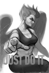 Size: 2000x3000 | Tagged: safe, artist:rrd-artist, derpibooru import, spitfire, human, breasts, busty spitfire, clothes, fitfire, humanized, image, jpeg, just do it, looking at you, muscles, pants, pointing, sketch, solo, tanktop, winged humanization, wings