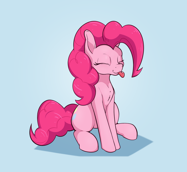 Size: 2400x2200 | Tagged: safe, artist:aquaticvibes, derpibooru import, pinkie pie, earth pony, pony, :p, blue background, cute, diapinkes, eyes closed, image, png, ponk, silly, silly pony, simple background, sitting, smiling, solo, tongue out