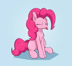 Size: 2400x2200 | Tagged: safe, artist:aquaticvibes, derpibooru import, pinkie pie, earth pony, pony, :p, blue background, cute, diapinkes, eyes closed, image, png, ponk, silly, silly pony, simple background, sitting, smiling, solo, tongue out
