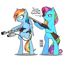 Size: 4000x4000 | Tagged: safe, artist:bonpikabon, derpibooru import, rainbow dash, rainbow dash (g3), earth pony, pegasus, pony, bipedal, duality, duo, female, flamethrower, generation leap, generational ponidox, gun, hoof hold, image, mare, missing cutie mark, oh crap, open mouth, png, raised hoof, shotgun, simple background, the tables have turned, there can be only one, this will end in death, this will end in tears, this will end in tears and/or death, unamused, weapon, white background