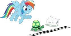 Size: 7826x3955 | Tagged: safe, artist:anime-equestria, derpibooru import, angel bunny, rainbow dash, tank, pegasus, pony, rabbit, tortoise, animal, checkered flag, flying, happy, image, one eye closed, pillow, png, simple background, sleeping, smiling, the tortoise and the hare, transparent background, vector, wings, wink