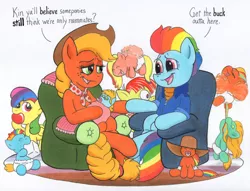 Size: 1000x764 | Tagged: safe, artist:aliciavanhammer, derpibooru import, applejack, rainbow dash, oc, pegasus, pony, the last problem, apple, appledash, baby, baby pony, braided tail, chair, clothes, cowboy hat, diaper, eating, female, filly, foal, food, granny smith's shawl, hat, holding hooves, ice cube, image, jacket, jpeg, lesbian, magical lesbian spawn, mouth hold, multicolored hair, offspring, older, older applejack, older rainbow dash, pacifier, parent:applejack, parent:rainbow dash, parents:appledash, rainbow hair, roommates, shipping, sitting, sugarcube, swaddling, tail, tail pull, yeehaw