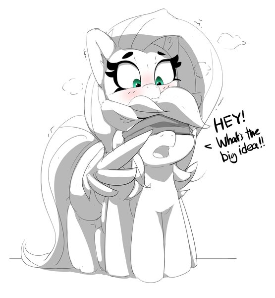 Size: 2886x3121 | Tagged: safe, artist:pabbley, derpibooru import, fluttershy, rainbow dash, pegasus, pony, blindfold, blushing, cute, dashabetes, dialogue, duo, female, flutterdash, hug, image, jpeg, lesbian, partial color, shipping, shyabetes, simple background, size difference, smoldash, tallershy, white background, winghug, wings