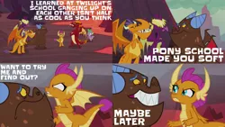 Size: 2000x1125 | Tagged: safe, derpibooru import, edit, edited screencap, editor:quoterific, screencap, billy (dragon), clump, fume, garble, smolder, spear (dragon), spike, dragon, sweet and smoky, angry, dragoness, eyes closed, female, image, open mouth, png, winged spike