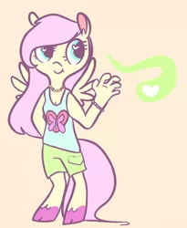 Size: 602x734 | Tagged: safe, artist:blynxee, derpibooru import, fluttershy, anthro, unguligrade anthro, bracelet, clothes, cloven hooves, colored hooves, female, floating heart, heart, heart eyes, image, jewelry, necklace, png, shorts, simple background, solo, tanktop, wingding eyes