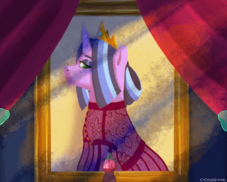 Size: 1280x1024 | Tagged: safe, artist:etchnsketches, derpibooru import, oc, oc:bubblegum, oc:vanity rose, unofficial characters only, pony, unicorn, bust, clothes, colt, crown, curtains, dress, female, image, jewelry, jpeg, magic, magical lesbian spawn, male, mare, offspring, parent:tempest shadow, parent:twilight sparkle, parents:tempestlight, portrait, regalia, solo