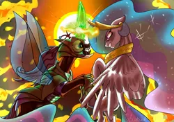 Size: 1701x1200 | Tagged: safe, artist:tohor_durachok, derpibooru import, princess celestia, queen chrysalis, alicorn, changeling, changeling queen, pony, armor, badass, changeling armor, duo, eyelashes, female, fight, fire, glowing horn, grin, helmet, hoof shoes, horn, image, jewelry, jpeg, magic, mare, open mouth, peytral, smiling, sun, tiara