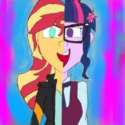 Size: 768x768 | Tagged: safe, artist:kleinerguyarts, derpibooru import, sci-twi, sunset shimmer, twilight sparkle, equestria girls, friendship games, art, digital, duet, glasses, image, png, song, what more is out there