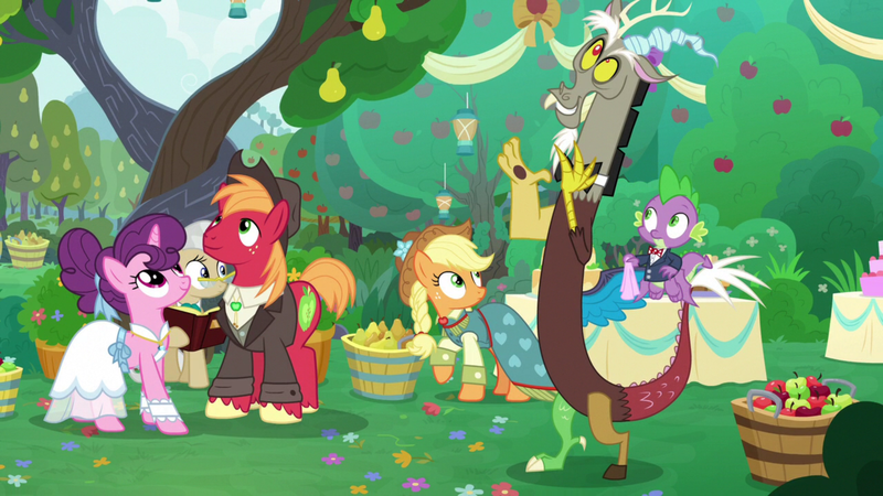 Size: 1920x1080 | Tagged: safe, derpibooru import, screencap, applejack, big macintosh, discord, mayor mare, spike, sugar belle, dragon, earth pony, pony, the big mac question, apple, apple tree, book, clothes, dress, food, image, intertwined trees, pear, pear tree, png, rock, tree, wedding dress, winged spike