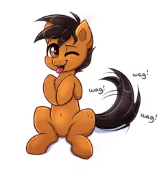 Size: 1196x1219 | Tagged: safe, artist:confetticakez, derpibooru import, oc, oc:puppy, unofficial characters only, earth pony, pony, behaving like a dog, blushing, image, jpeg, one eye closed, open mouth, smiling, solo, tail wag, tongue out, wink