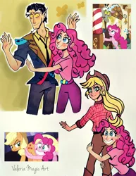 Size: 3042x3946 | Tagged: safe, artist:valeriamagicart, derpibooru import, screencap, applejack, discord, pinkie pie, draconequus, earth pony, human, pony, make new friends but keep discord, shadow play, applebutt, butt, butt touch, butthug, hug, humanized, image, jpeg, pinkie hugging applejack's butt, scene interpretation, screencap reference, traditional art