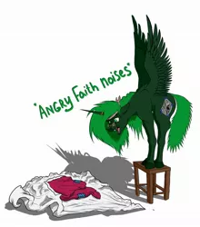Size: 1901x2160 | Tagged: safe, artist:borsch-zebrovich, derpibooru import, oc, oc:faith overfire, alicorn, pony, fallout equestria, angry, artificial alicorn, blanket, descriptive noise, digital art, fangs, female, green alicorn (fo:e), hissing, image, jpeg, simple background, solo, stool, white background, wings