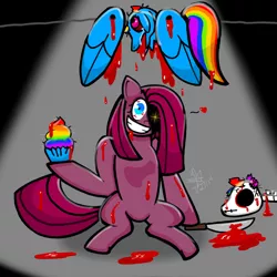 Size: 2048x2048 | Tagged: grimdark, artist:artmama113, derpibooru import, pinkie pie, rainbow dash, earth pony, pegasus, pony, fanfic:cupcakes, blood, bone, cupcake, dead, female, food, glowing eyes, hoof hold, image, insanity, jpeg, knife, mare, pinkamena diane pie, rainbow cupcake, signature, skeleton, wings