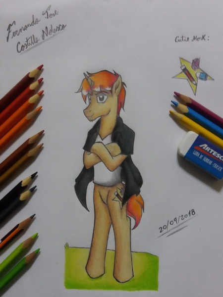 Size: 1536x2048 | Tagged: safe, artist:fernandojc-draftsman, derpibooru import, oc, oc:creativity style, semi-anthro, unicorn, clothes, crossed arms, horn, image, jpeg, signature, solo, traditional art, unicorn oc