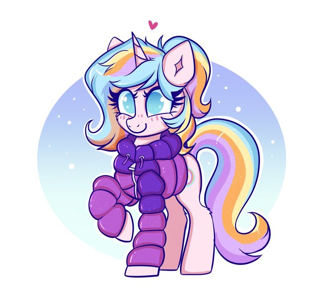 Size: 1912x1734 | Tagged: safe, artist:confetticakez, derpibooru import, oc, oc:oofy colorful, unofficial characters only, pony, unicorn, blushing, clothes, cute, female, image, jacket, jpeg, mare, snow, snowfall, solo, winter, winter outfit