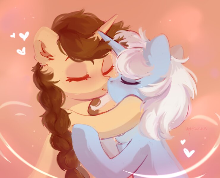 Size: 4096x3317 | Tagged: safe, artist:_mpiesocks, artist:raily, derpibooru import, oc, pony, unicorn, bust, female, image, jpeg, kissing, lesbian, love, portrait