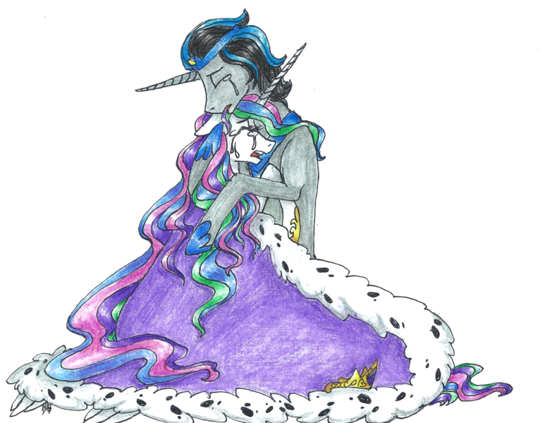 Size: 2551x1998 | Tagged: safe, artist:fountainstranger, derpibooru import, idw, king sombra, princess celestia, cape, celestibra, clothes, crown, crying, female, good king sombra, hug, image, jewelry, male, missing accessory, png, regalia, shipping, simple background, straight, transparent background, typo in the description